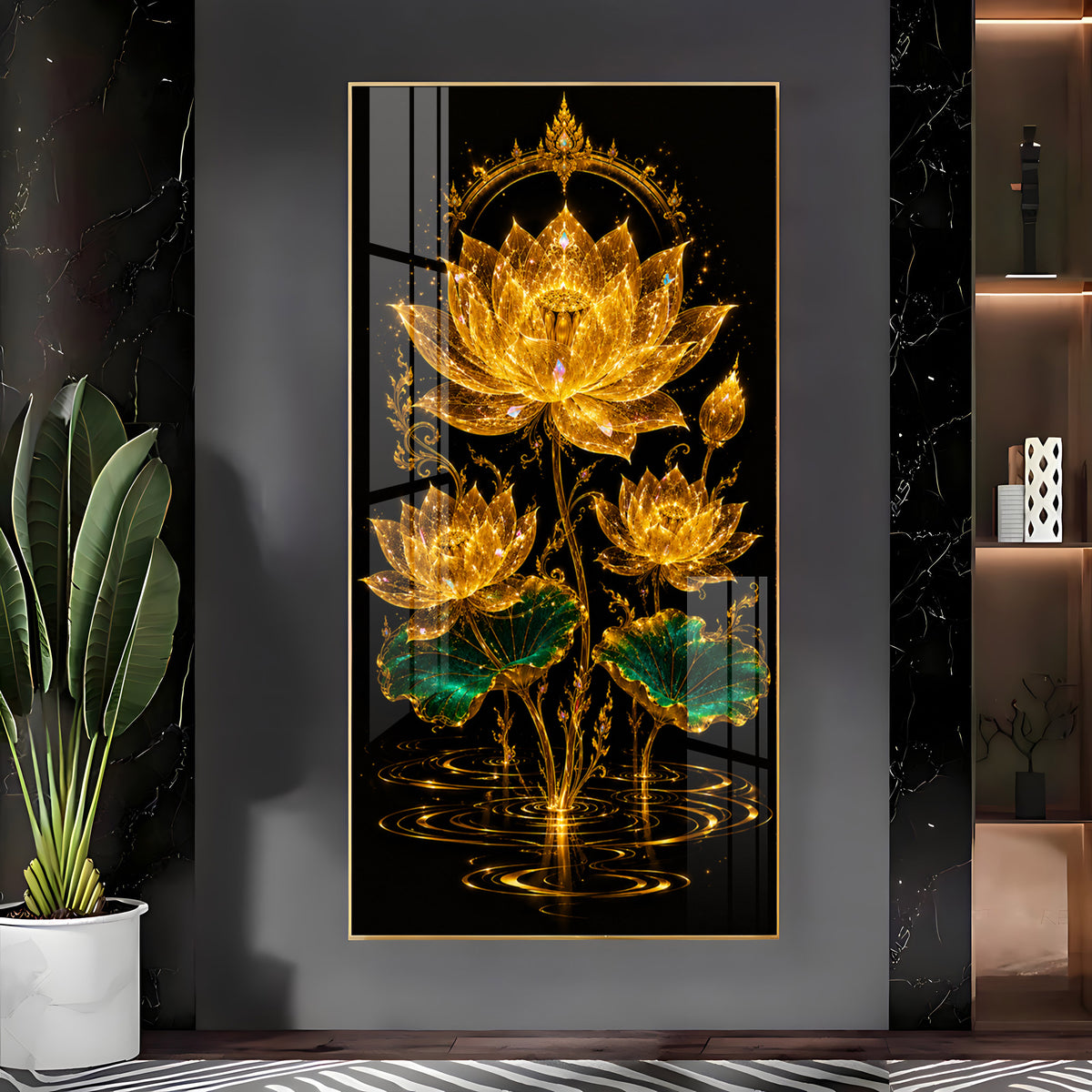 Sacred Golden Lotus Bloom Premium Acrylic Vertical Wall Art
