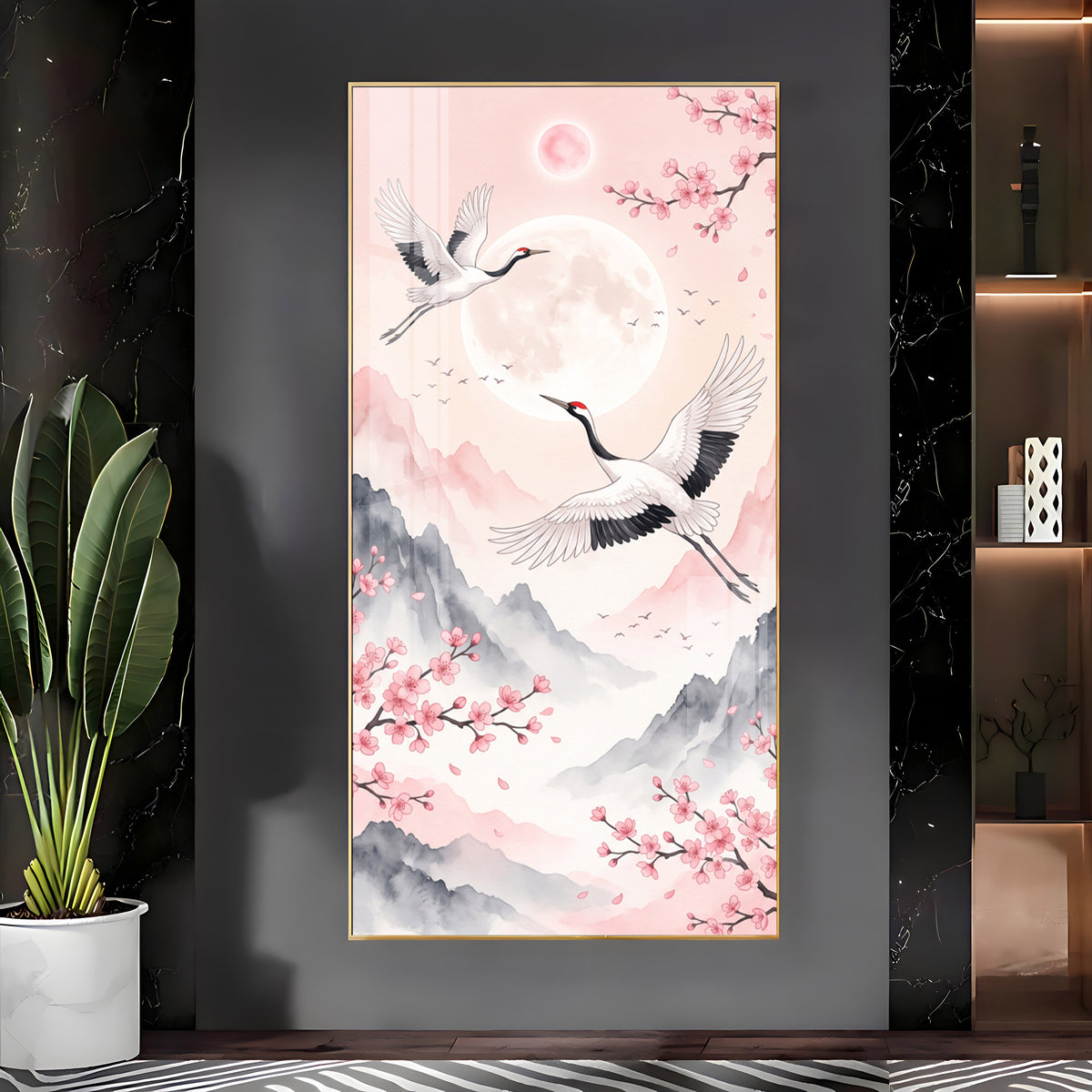 Flying Crane Birds & Cherry Blossom Premium Acrylic Vertical Wall Art