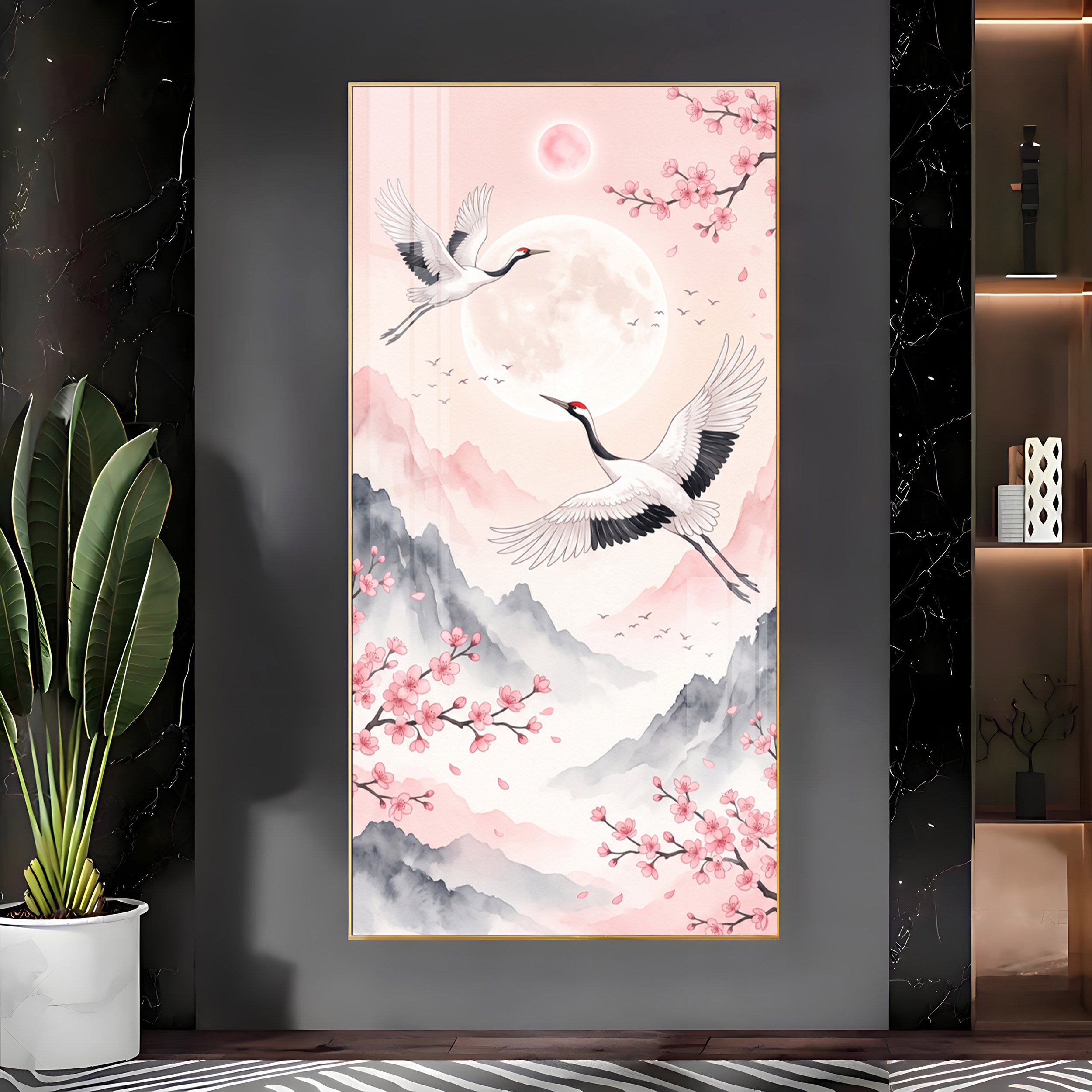 Flying Crane Birds & Cherry Blossom Premium Acrylic Vertical Wall Art