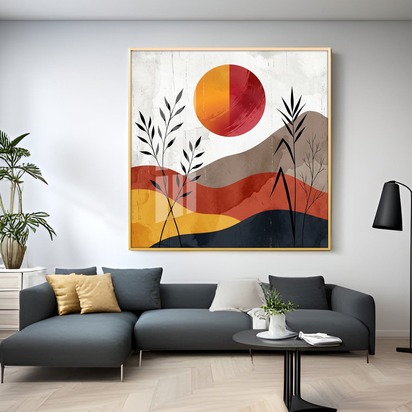 Earth-Toned Hills & Split-Color Sun Premium Acrylic Square Wall Art