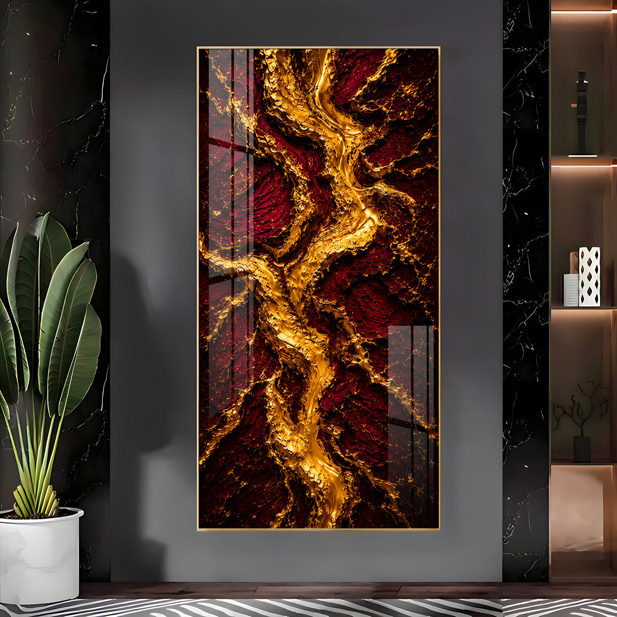 Striking Crimson & Gold Flowing River Premium Acrylic Vertical Wall Art