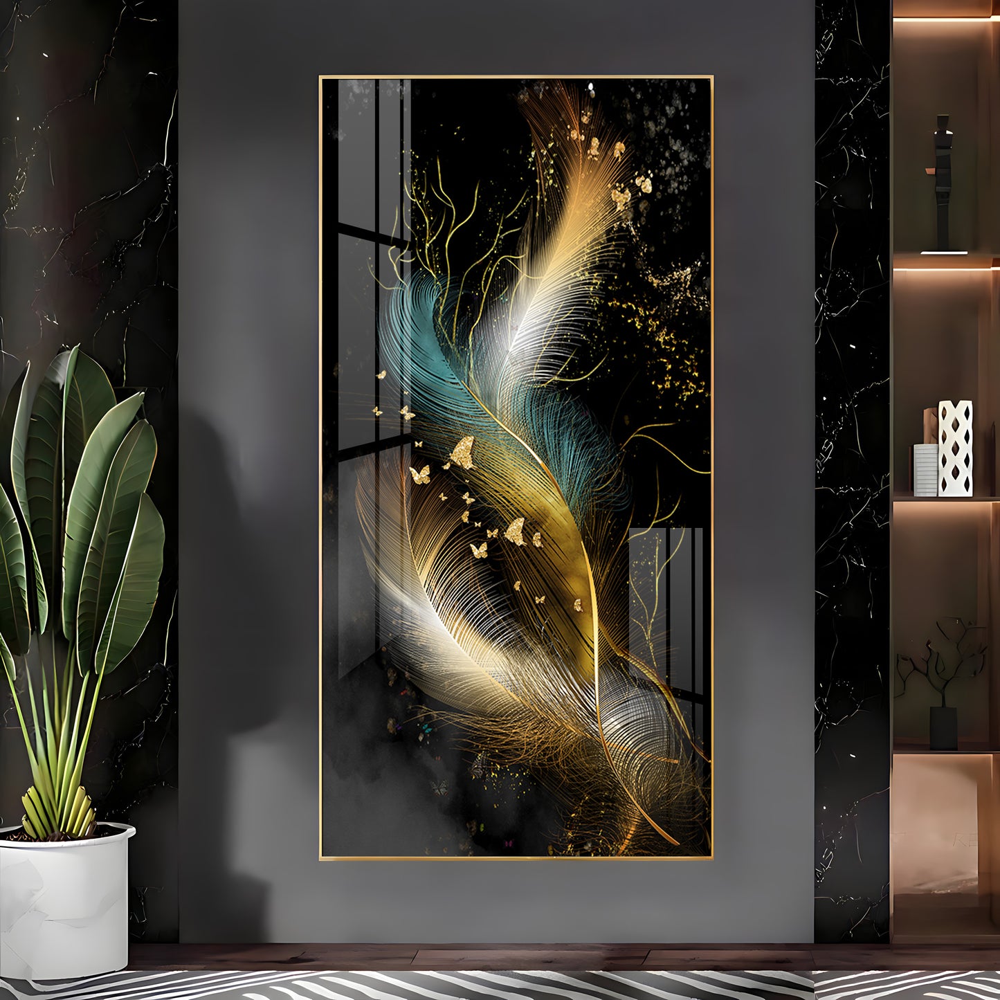 Abstract Golden & White Feathers Premium Acrylic Vertical Wall Art