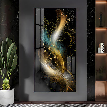 Abstract Golden & White Feathers Premium Acrylic Vertical Wall Art