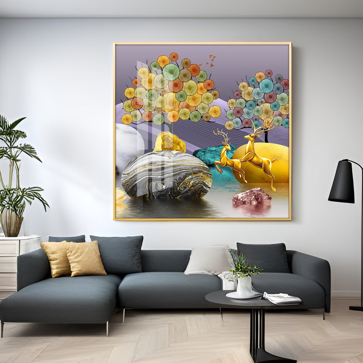 Modern Colorful Background With Golden Deer Premium Acrylic Square Wall Art