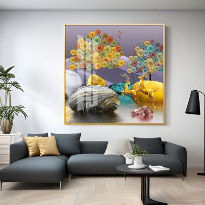 Modern Colorful Background With Golden Deer Premium Acrylic Square Wall Art