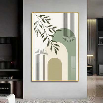 Green Leaf Against Geomatric Shape Premium Acrylic Vertical Wall Art