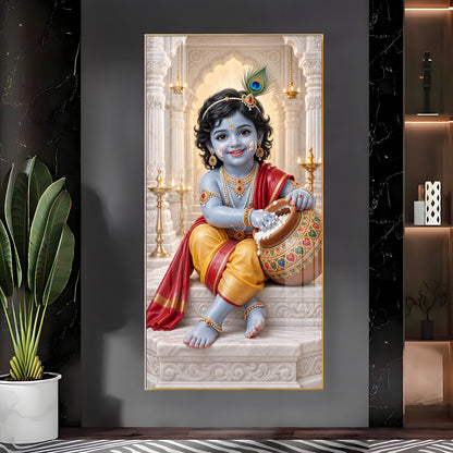 Little Krishna With Makhan Matki Premium Acrylic Vertical Wall Art