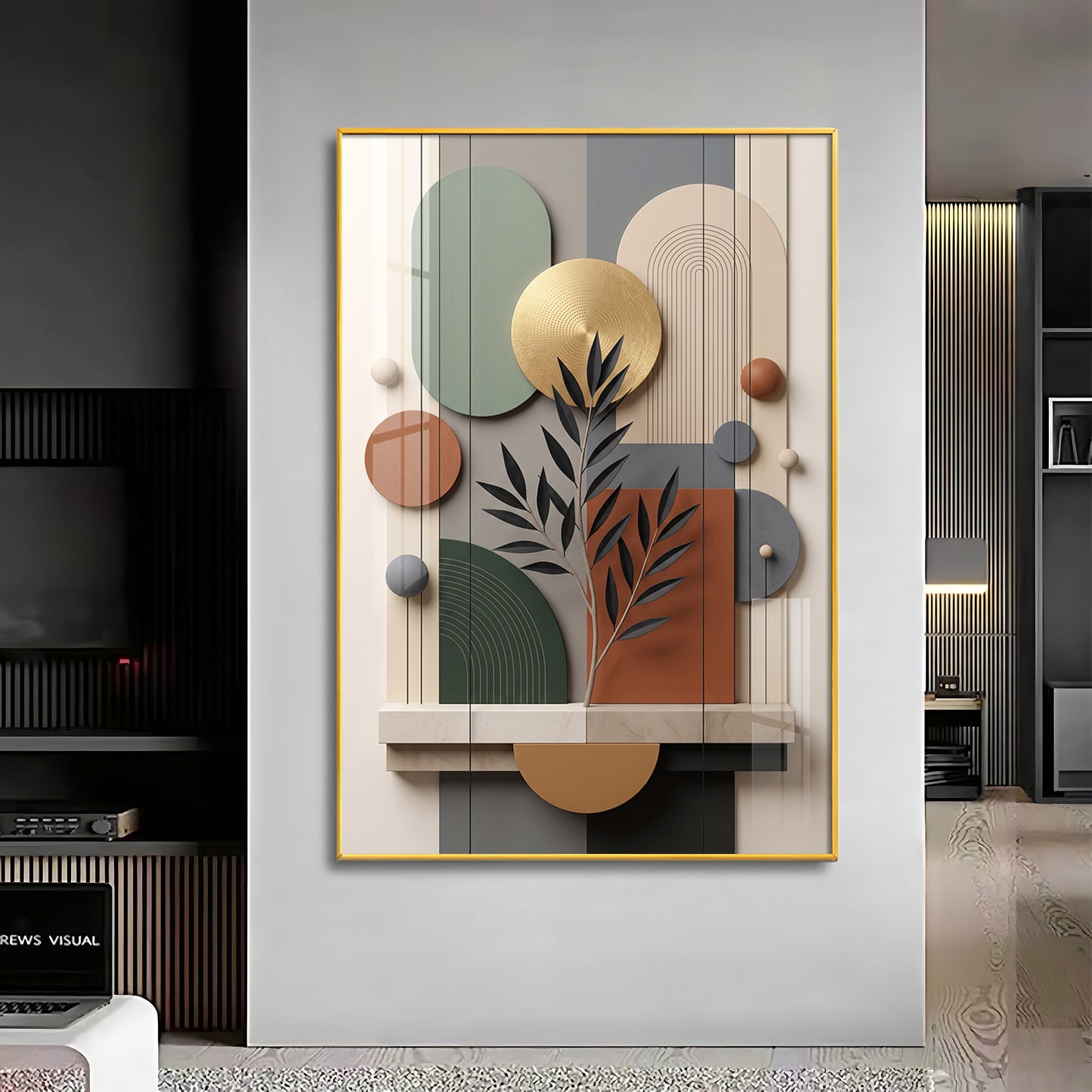 Modern Geometric Abstract with Gold Disc Premium Acrylic Vertical Wall Art