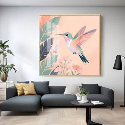 Hummingbird In Flight & Flowers Premium Acrylic Square Wall Art