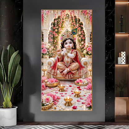 Little Krishna On Royal Chair Premium Acrylic Vertical Wall Art