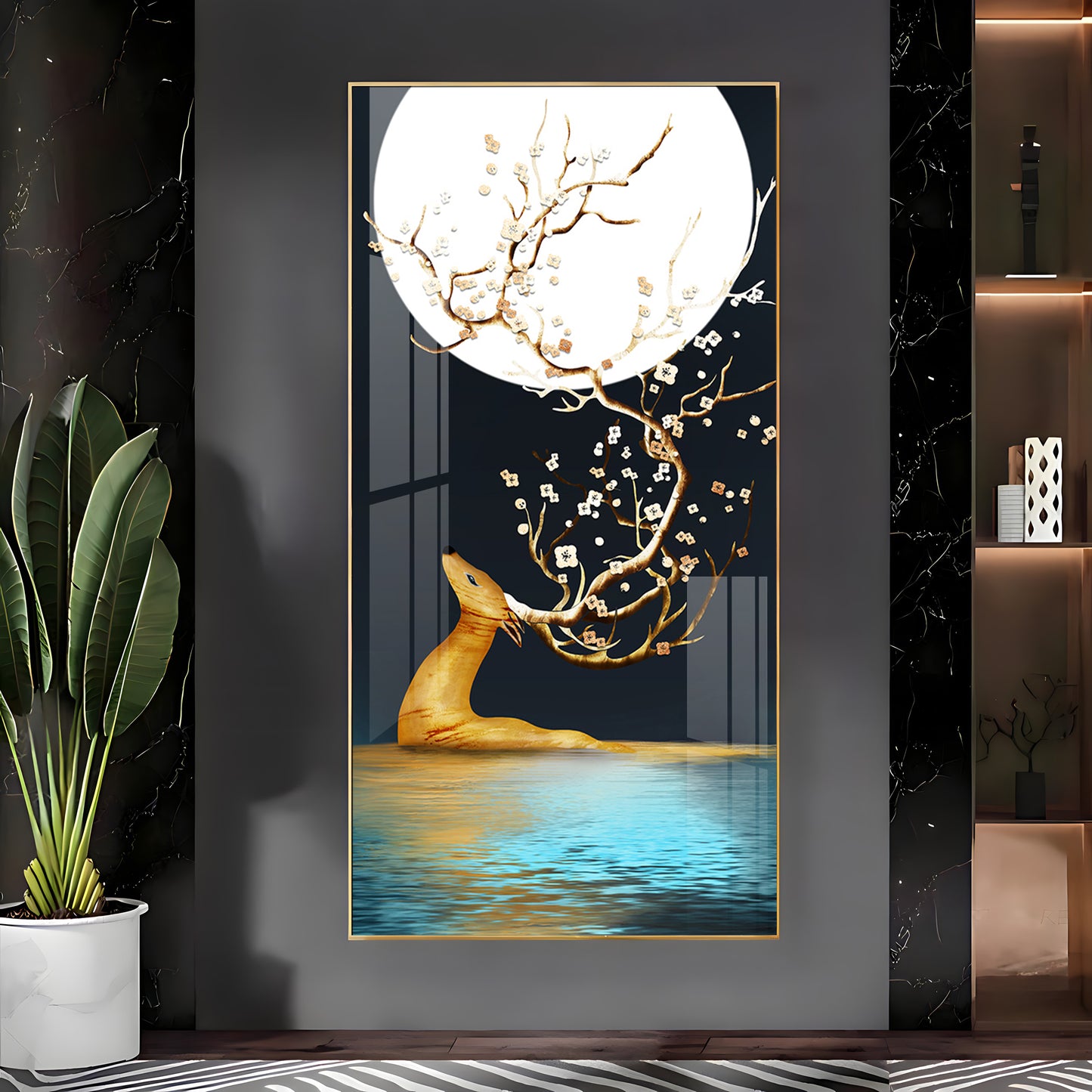 Golden Deer With Full Moon Premium Acrylic Vertical Wall Art