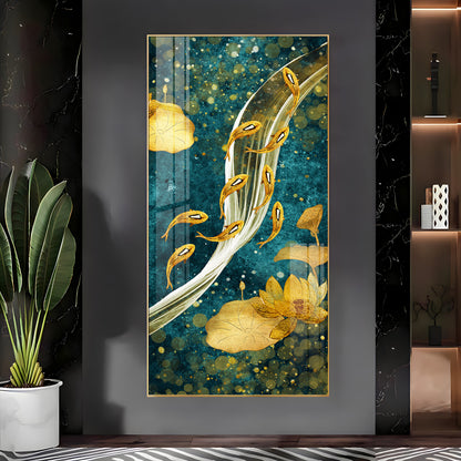 Modern Golden Koi Fish & Lotus Premium Acrylic Vertical Wall Art