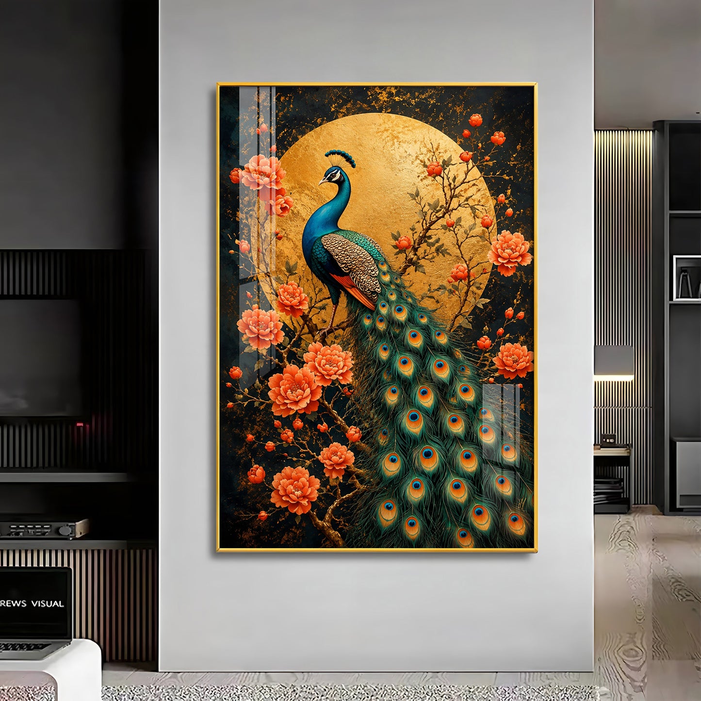 Golden Moon Peacock Premium Acrylic Vertical Wall Art