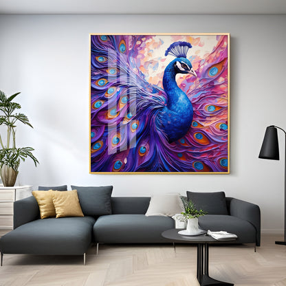 Vibrant Peacock With Feathers Premium Acrylic Square Wall Art