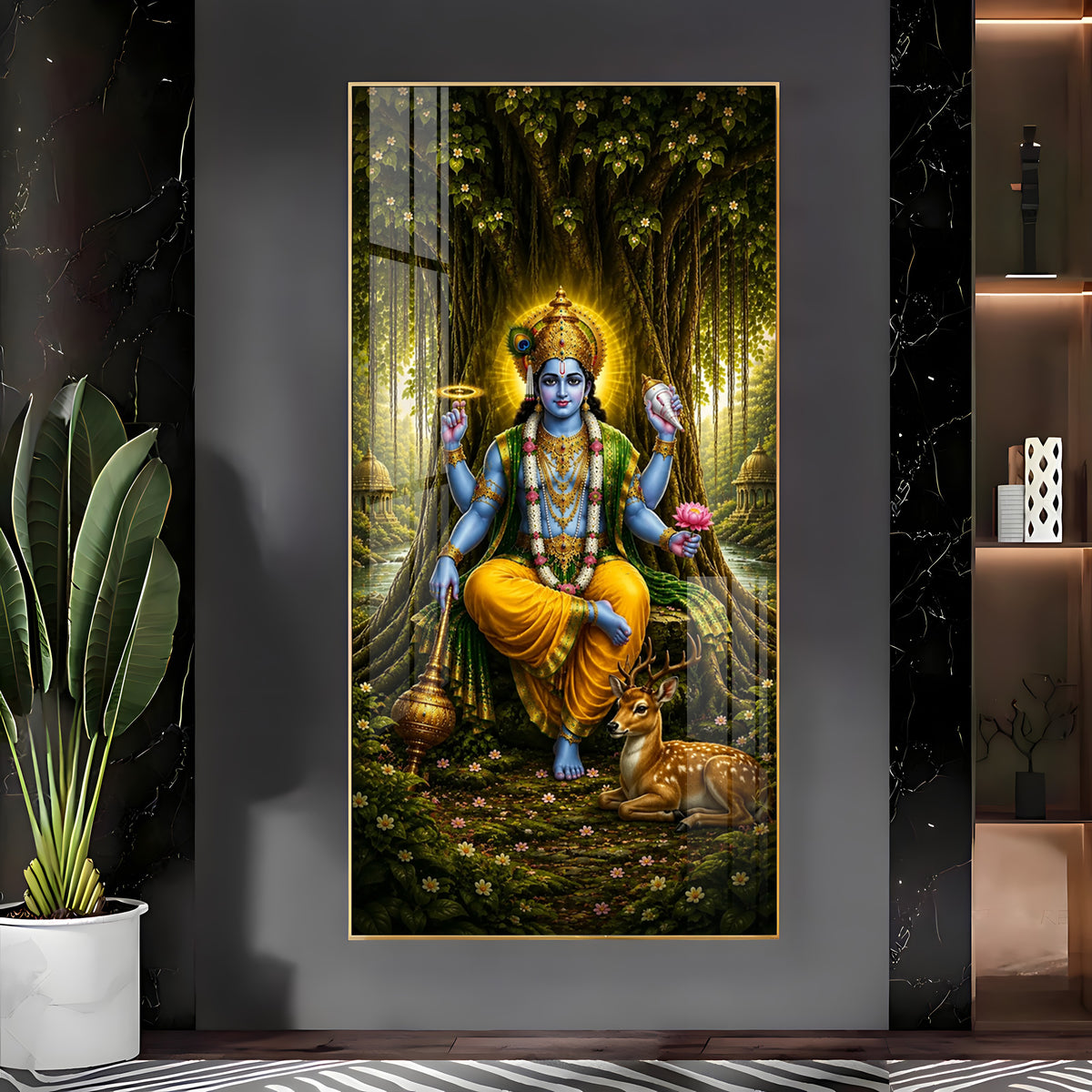 Divine Lord Vishnu In Forest Premium Acrylic Vertical Wall Art