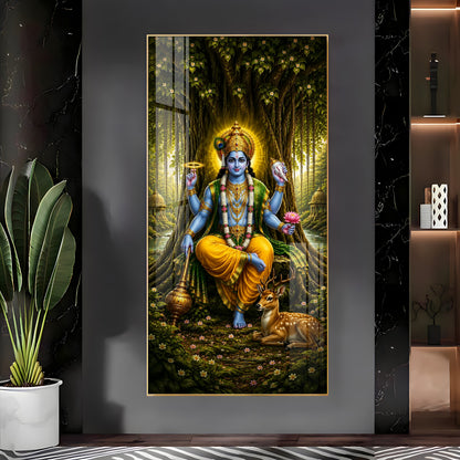 Divine Lord Vishnu In Forest Premium Acrylic Vertical Wall Art