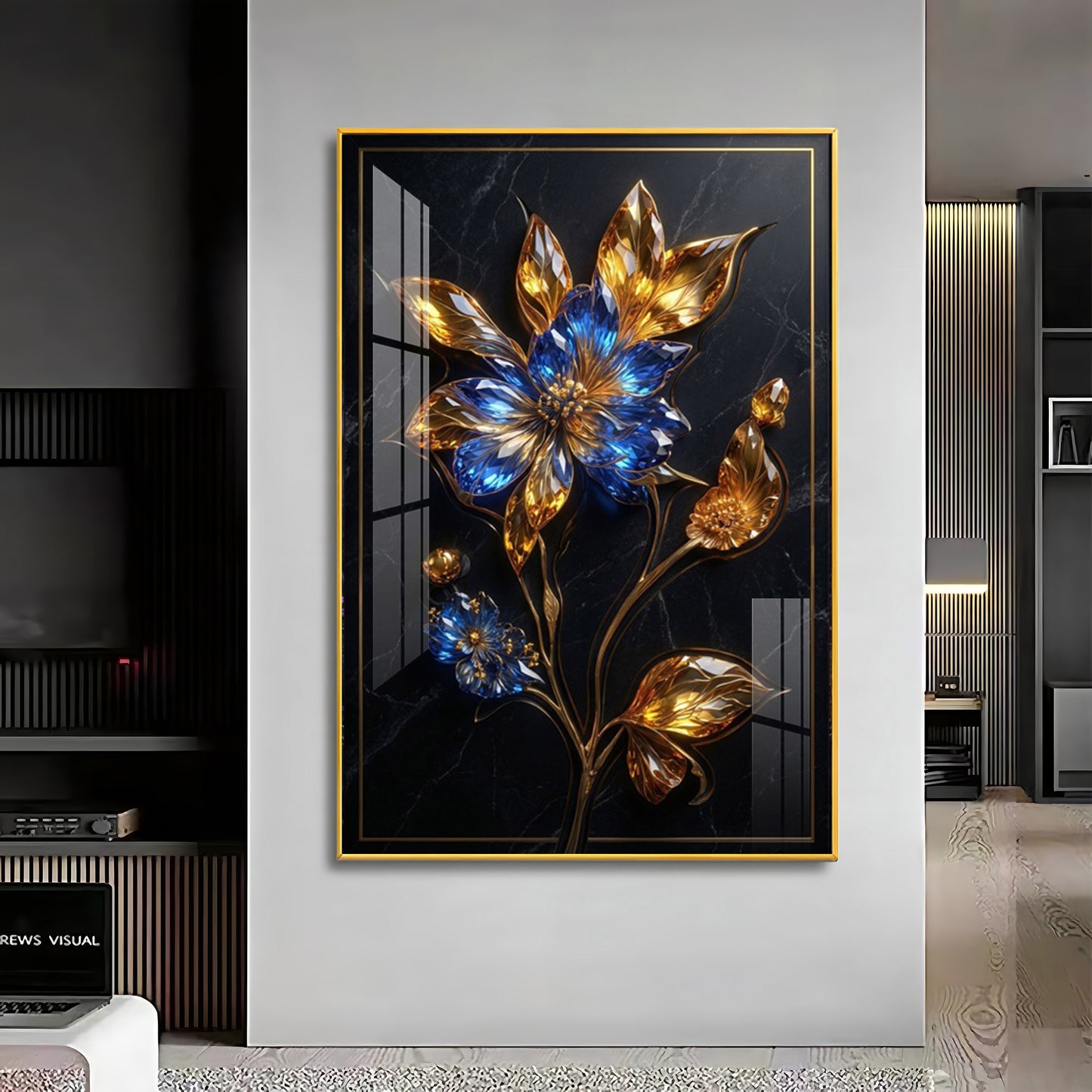 Blue & Gold Flower Premium Acrylic Vertical Wall Art