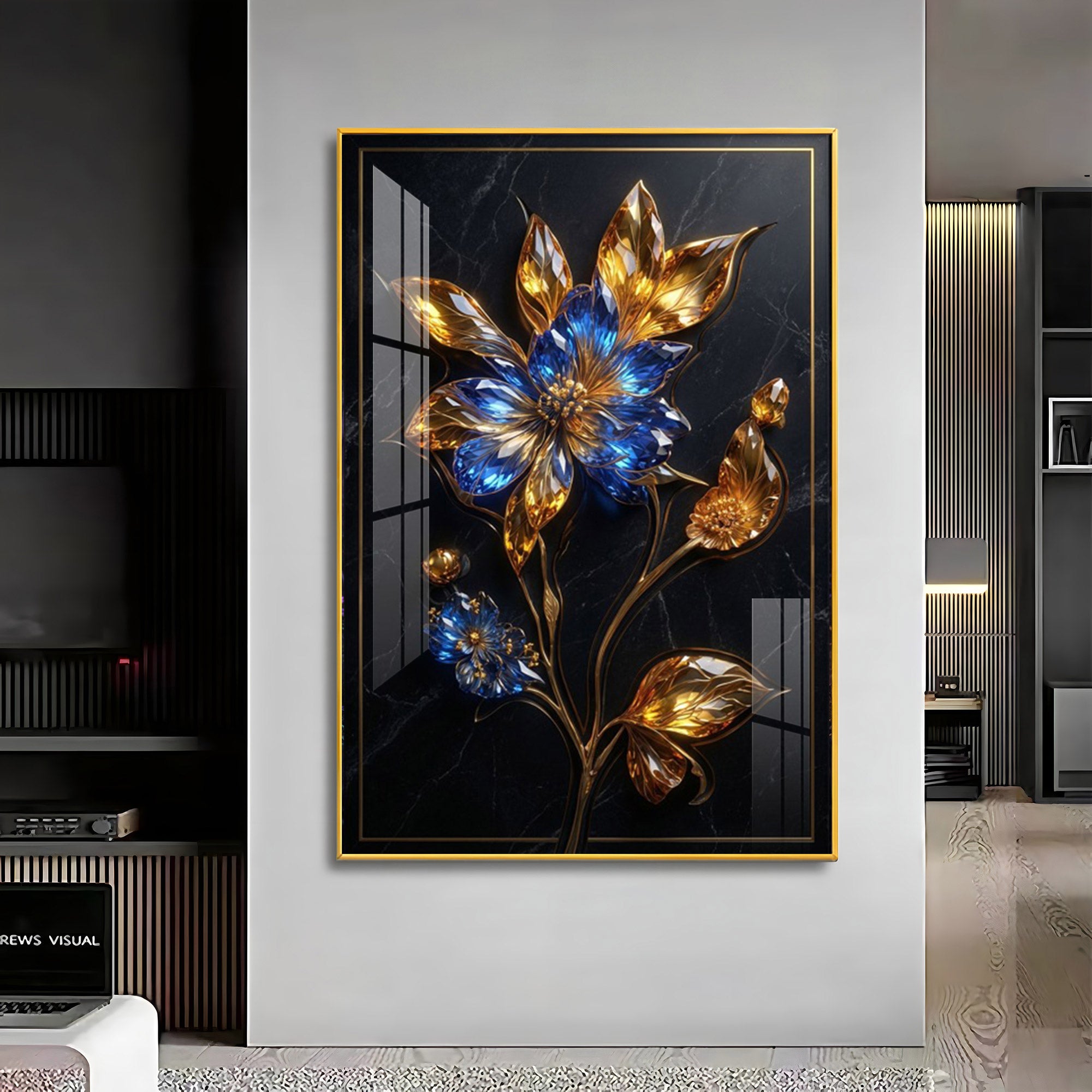 Blue & Gold Flower Premium Acrylic Vertical Wall Art