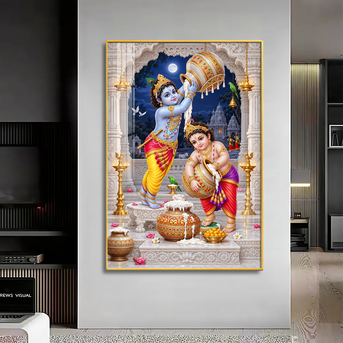 Little Krishna Balaram Makhan Chori Premium Acrylic Vertical Wall Art