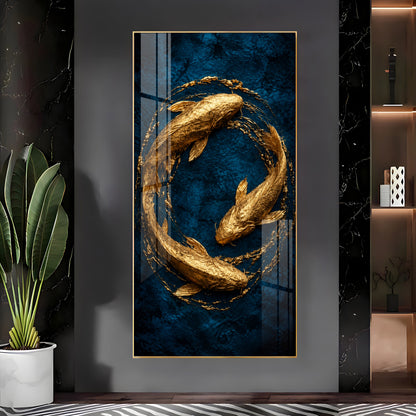 Majestic Golden Koi Circle Background Premium Acrylic Vertical Wall Art