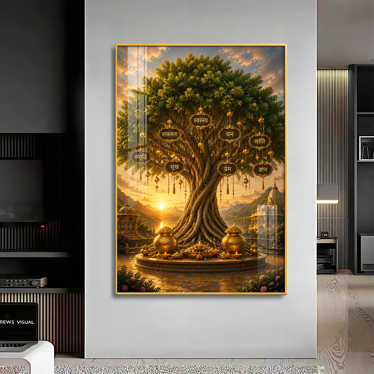 Golden Kalpavriksha Tree Premium Acrylic Vertical Wall Art