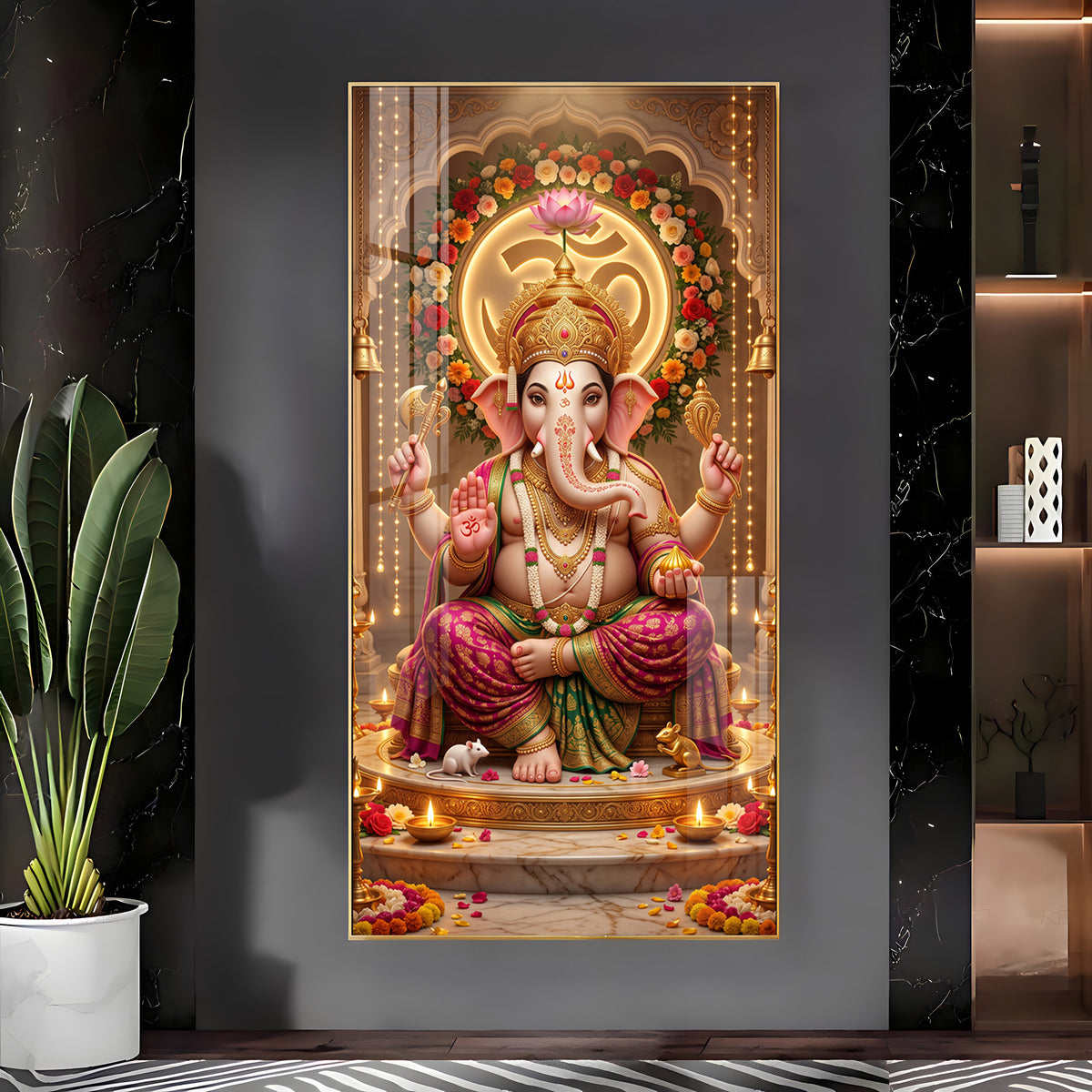 Ganapati Bappa Floral Om Premium Acrylic Vertical Wall Art