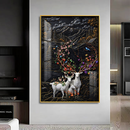 White Deer With Colorful Floral Premium Acrylic Vertical Wall Art