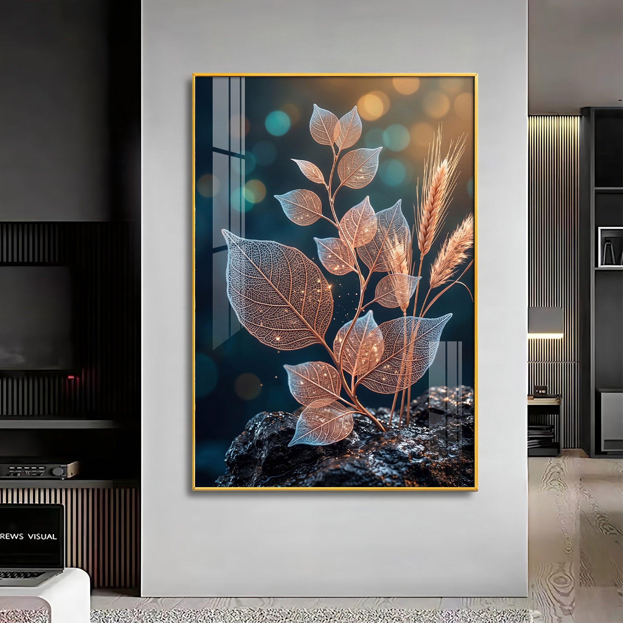 Glowing Vein Leaf & Wheat Premium Acrylic Vertical Wall Art