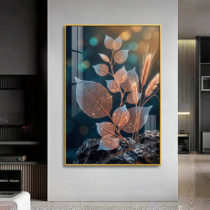 Glowing Vein Leaf & Wheat Premium Acrylic Vertical Wall Art