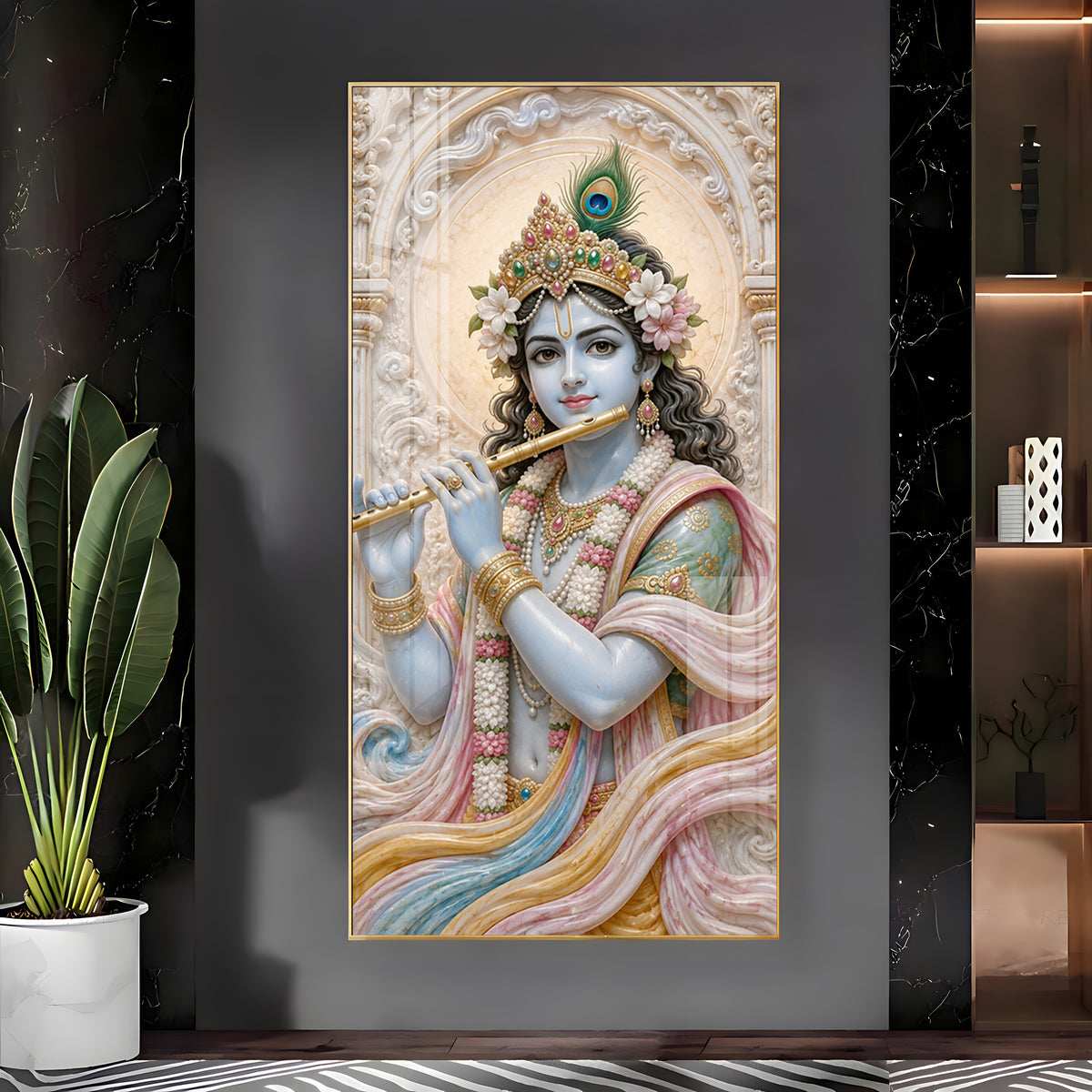 Divine Krishna With Bansuri Premium Acrylic Vertical Wall Art
