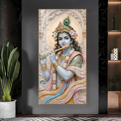Divine Krishna With Bansuri Premium Acrylic Vertical Wall Art