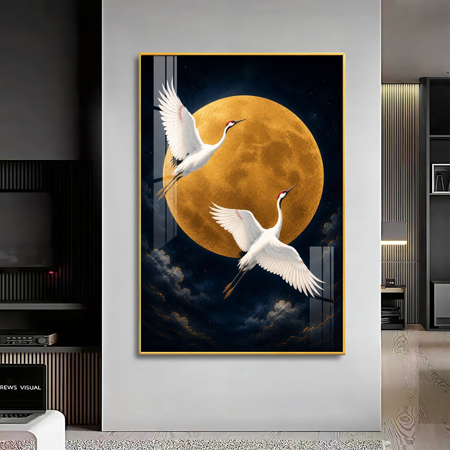 Golden Full Moon & Flying Cranes Premium Acrylic Vertical Wall Art