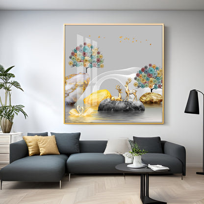 Couple Of Deer & Swan Premium Acrylic Square Wall Art