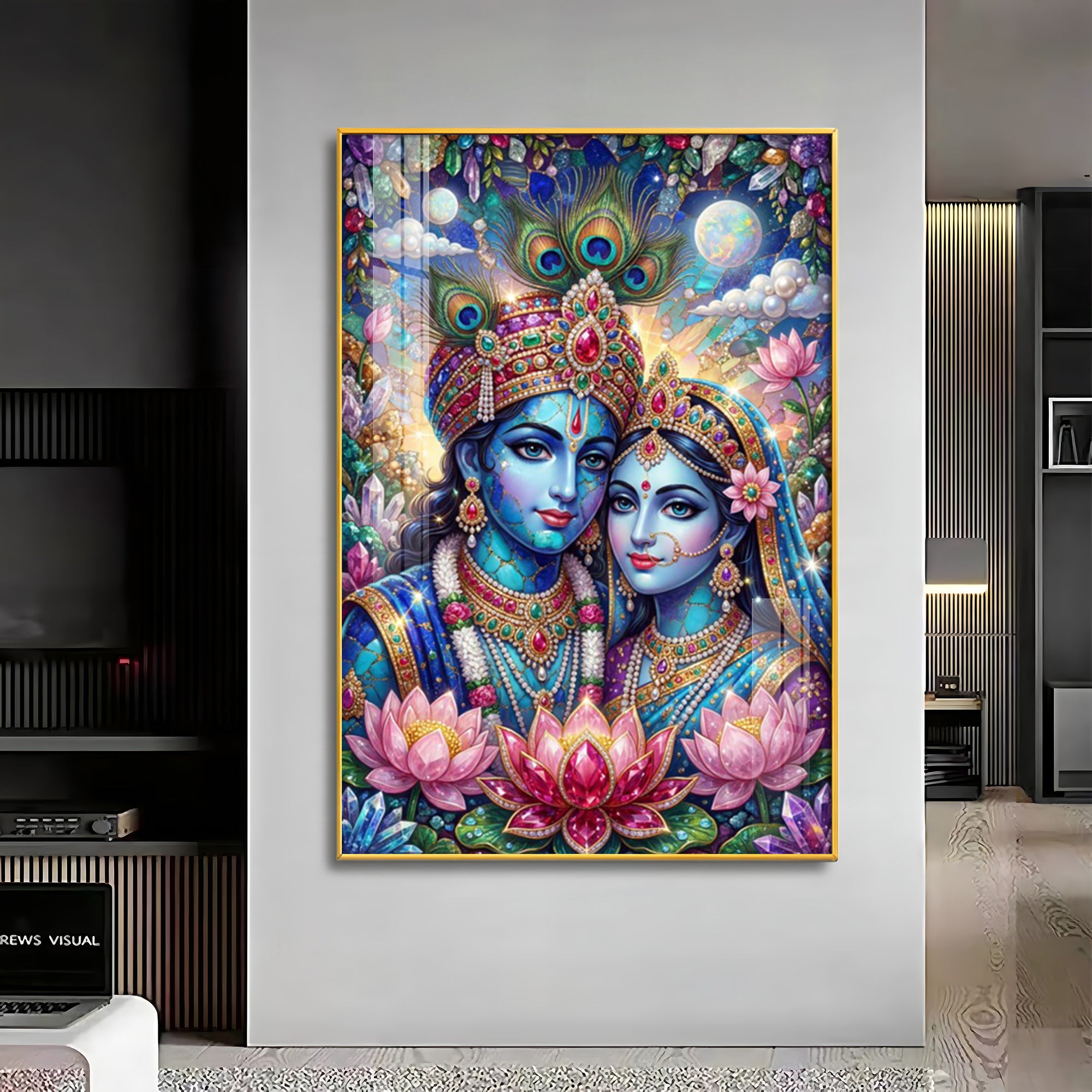 Radha Krishna With Blooming Lotus Flowers Premium Acrylic Vertical Wall Art