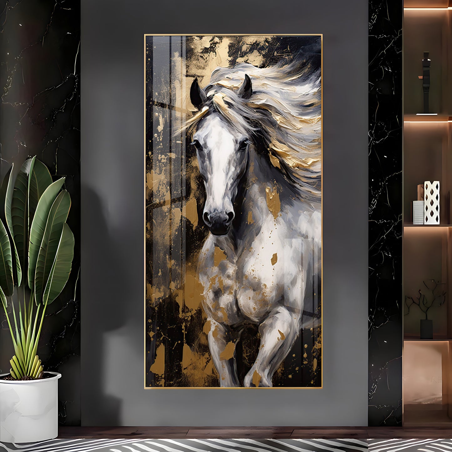 White Horse with Golden Gleam Premium Acrylic Vertical Wall Art