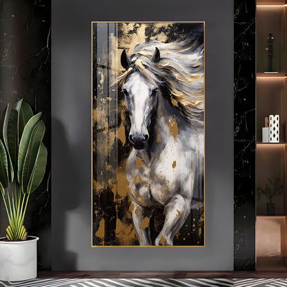 White Horse with Golden Gleam Premium Acrylic Vertical Wall Art