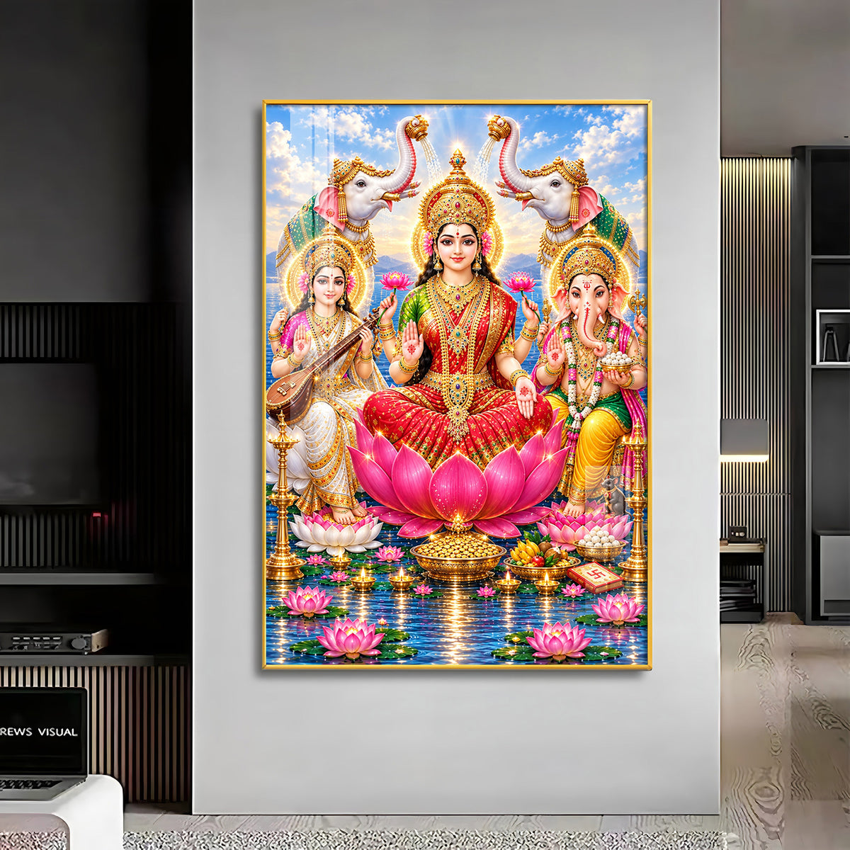 Maa Lakshmi, Saraswati & Ganesha Premium Acrylic Vertical Wall Art