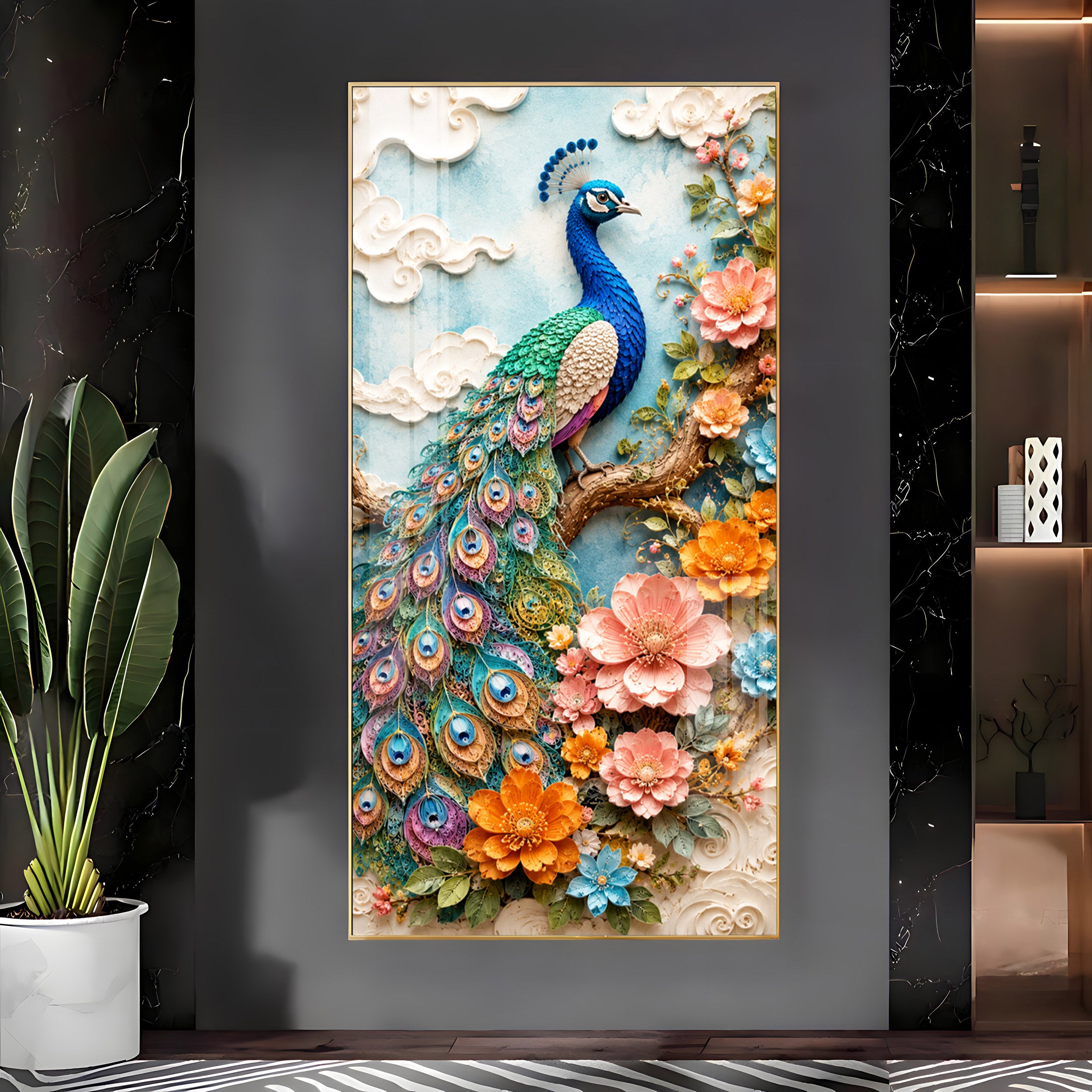 Majestic Peacock & Floral Premium Acrylic Vertical Wall Art