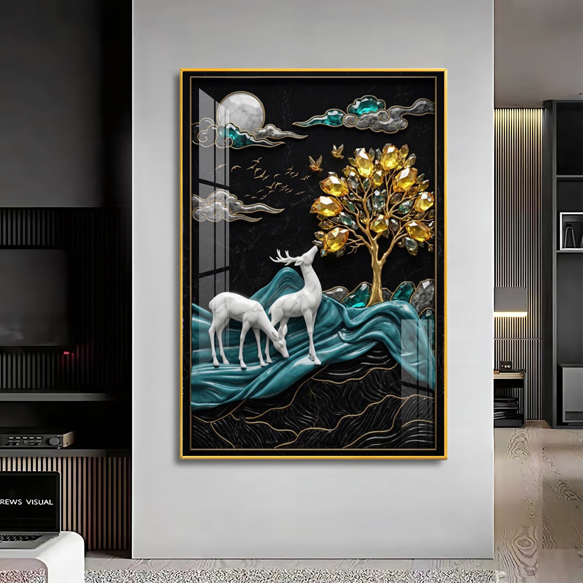 White Deers With Golden Tree Premium Acrylic Vertical Wall Art