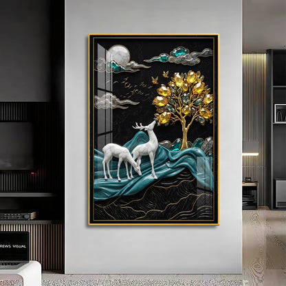 White Deers With Golden Tree Premium Acrylic Vertical Wall Art