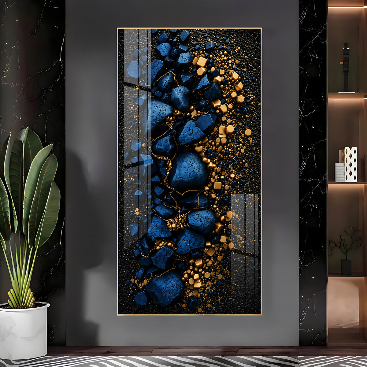 Deep Blue Cracked Rock with Gold Dust Premium Acrylic Vertical Wall Art
