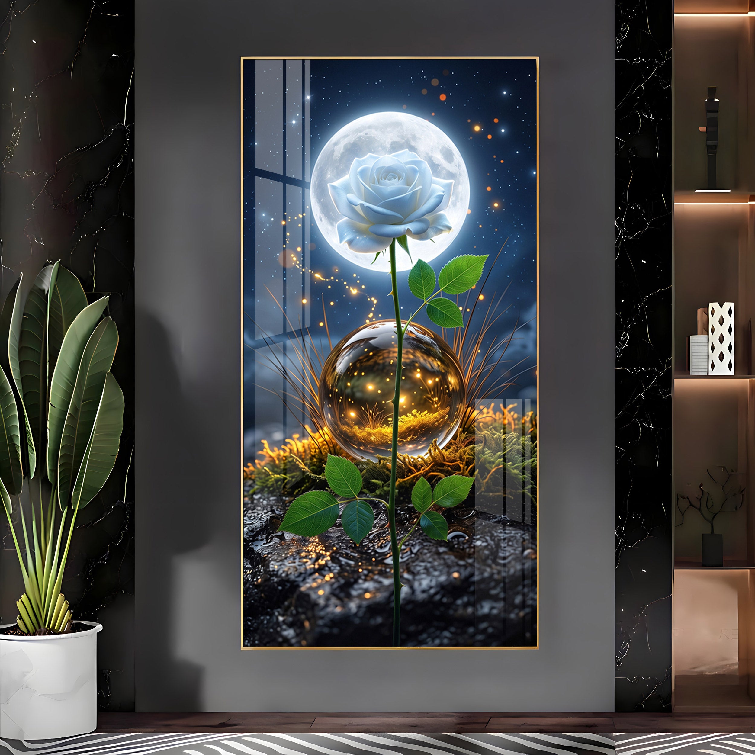 Luminous White Rose with Full Moon Premium Acrylic Vertical Wall Art