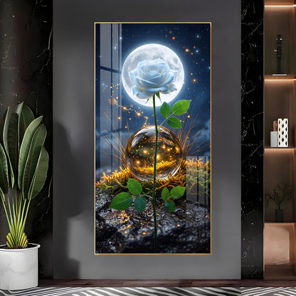 Luminous White Rose with Full Moon Premium Acrylic Vertical Wall Art