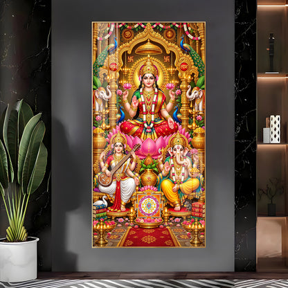 Maa Laxmi, Ganesh Ji & Saraswati Premium Acrylic Vertical Wall Art