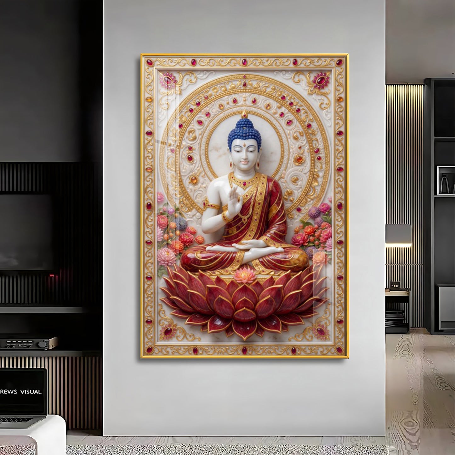 Divine Serenity Buddha On Red Lotus Premium Acrylic Vertical Wall Art