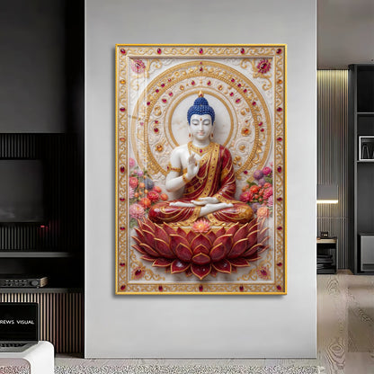 Divine Serenity Buddha On Red Lotus Premium Acrylic Vertical Wall Art