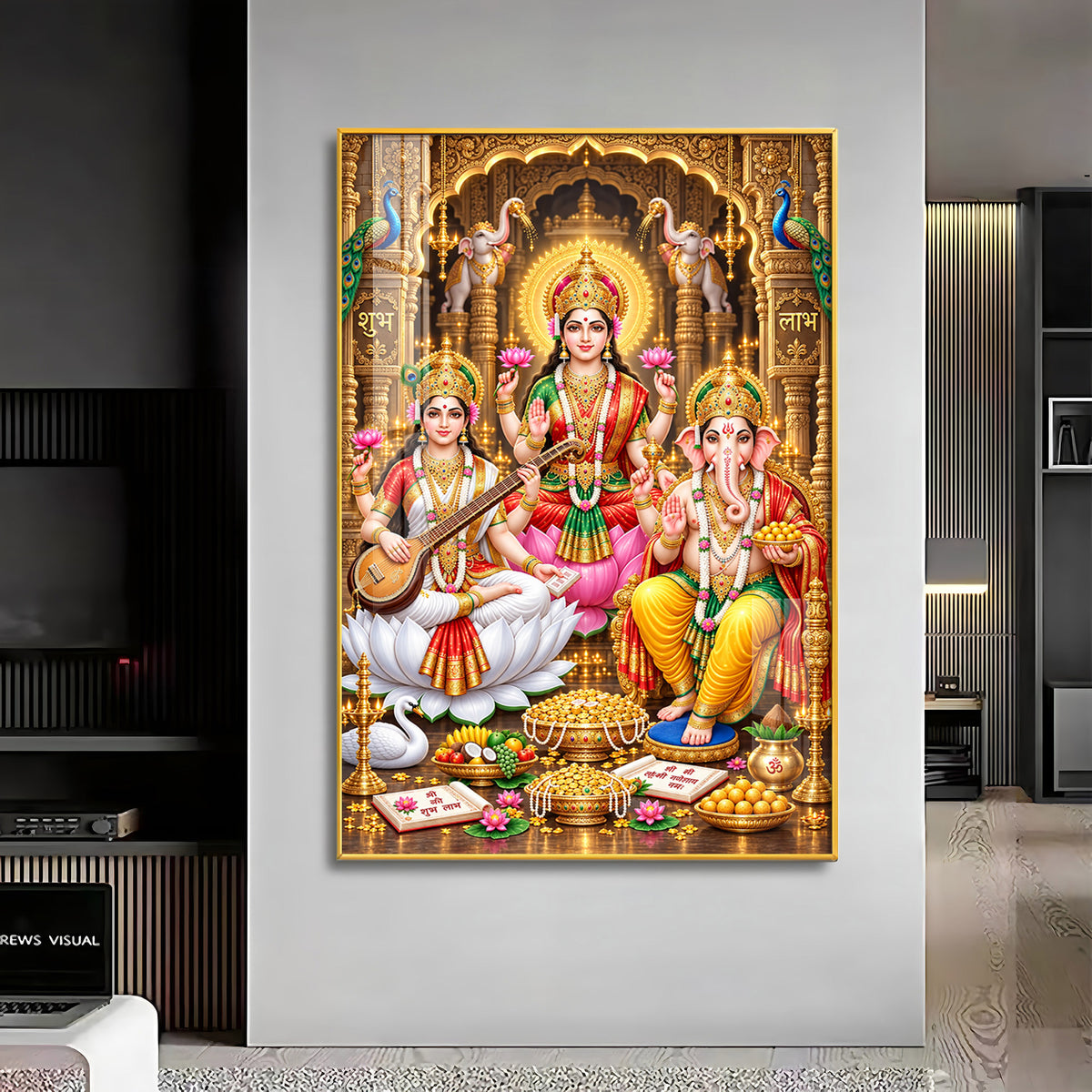 Maa Lakshmi, Ganesha and Saraswati Premium Acrylic Vertical Wall Art