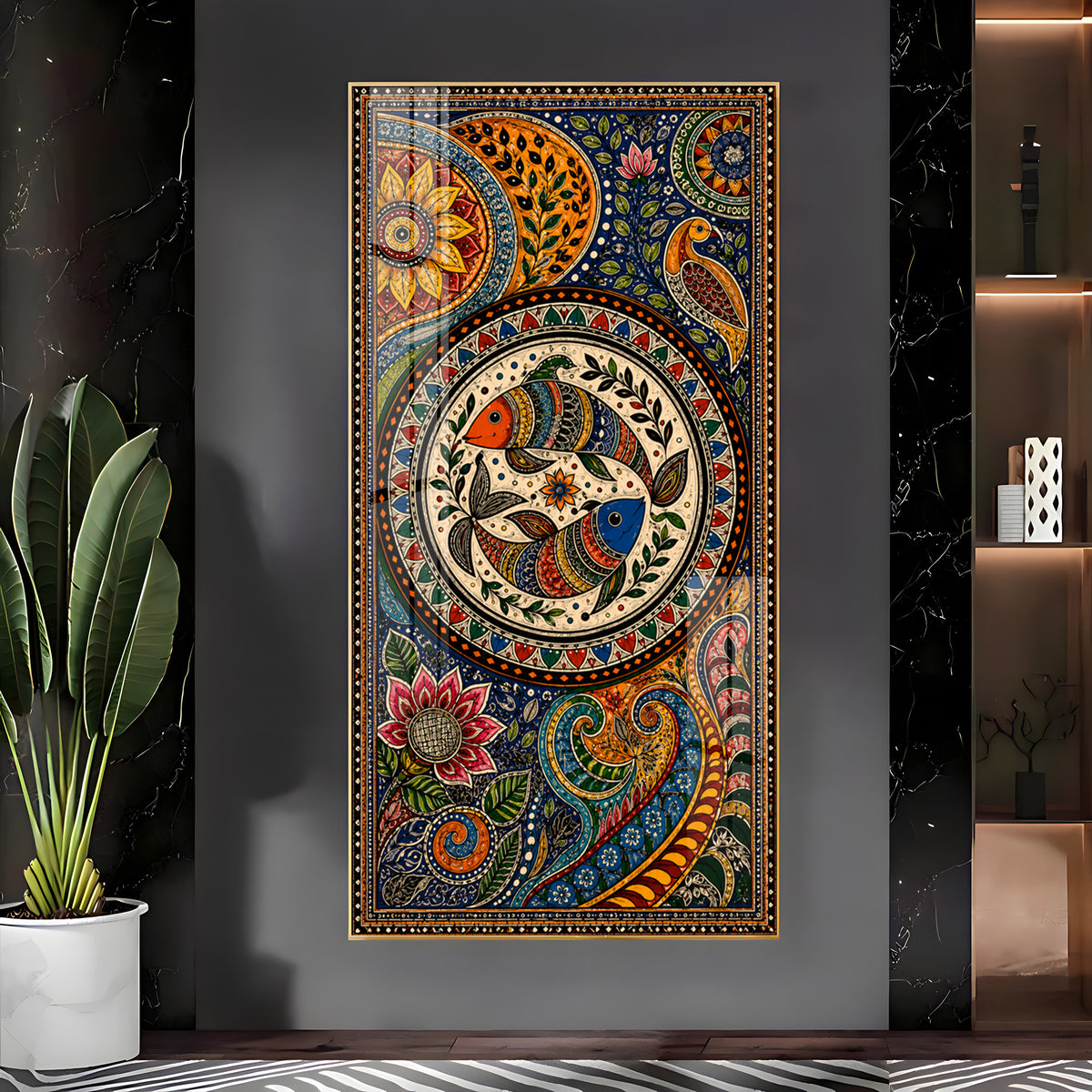 Traditional Folk Art Dual Fish & Floral Mandala Premium Acrylic Vertical Wall Art