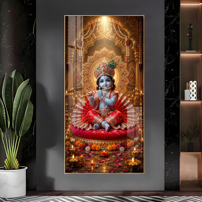 Divine Bal Krishna With Makhan Matki Premium Acrylic Vertical Wall Art