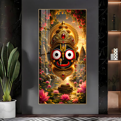 Lord Jagannath Puri Golden Crown Premium Acrylic Vertical Wall Art
